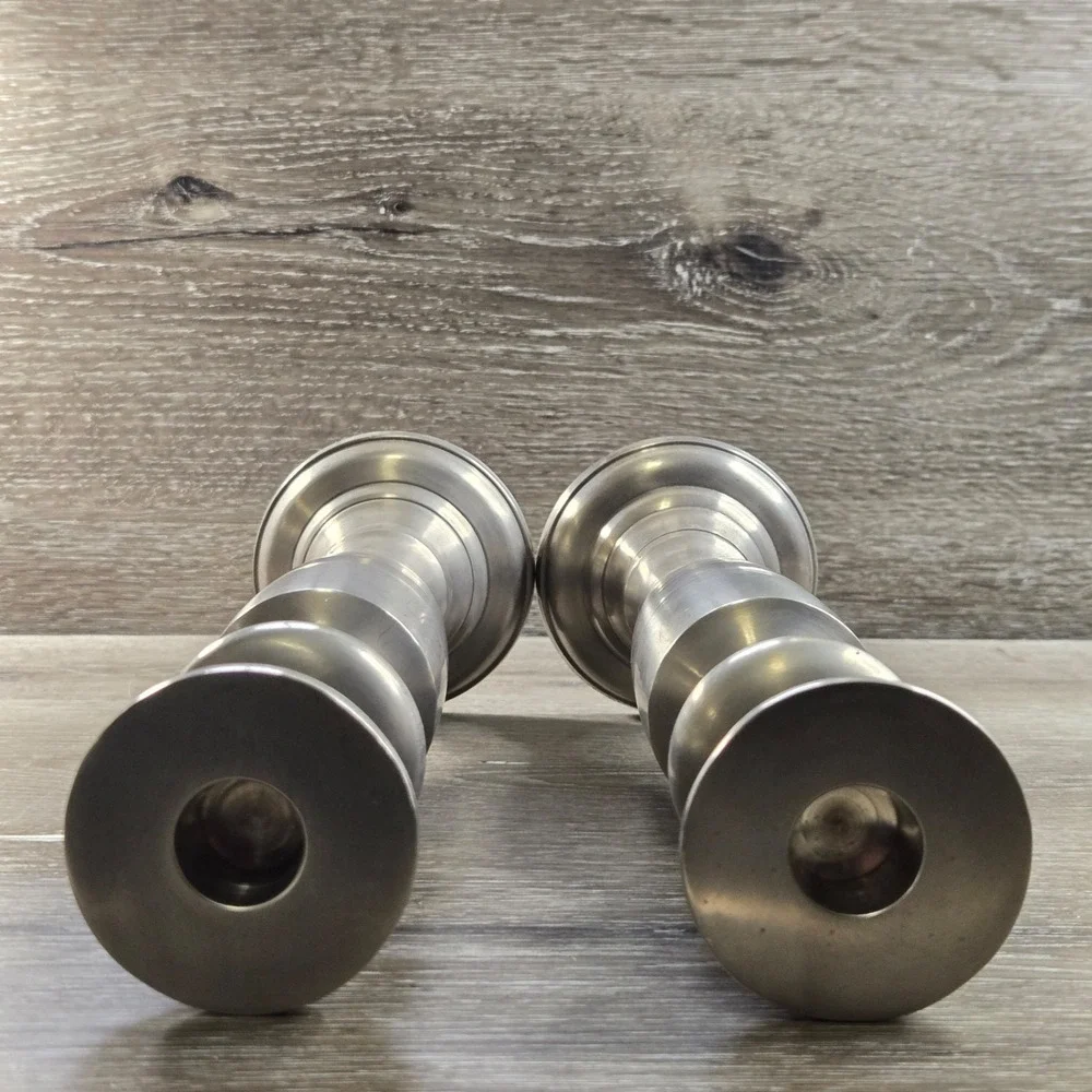 Vintage Brushed Silver Tone Candlestick Holders Pair Round Base Decor India